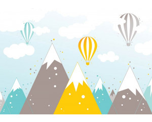Fototapete von Heißluftballons über Berggipfeln, speziell für Babyzimmer.
