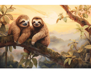 Kindertapete mit Faultieren in einem dichten Dschungel, umgeben von Regenwald und üppigen grünen Pflanzen.