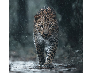 Fototapete mit einem Leoparden im tropischen Regenwald während des Regens.