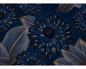 Eine Fototapete mit luxuriösen Chrysanthemen und goldenen Akzenten, bei der elegante Blumen auf einem tiefen Hintergrund ein raffiniertes und exklusives Aussehen verleihen.