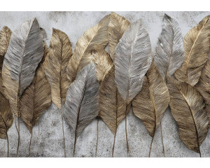 Fotobehang met tropische bladeren in groene tinten tegen een lichte achtergrond.