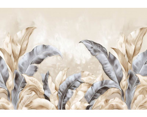 Fotobehang met luxe uitgewerkte junglebladeren in diepe groentinten en goudaccenten.