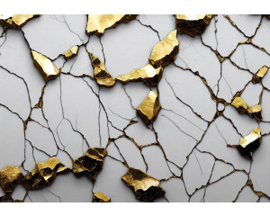 Fototapete mit 3D-Details aus goldenem und weißem Marmor, die dem Raum ein luxuriöses und anspruchsvolles Aussehen verleihen.