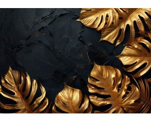 Fototapete Luxuriöse Goldene Blätter auf Dunkler Textur mit metallischem Glanz und strukturierter Oberfläche.