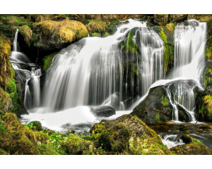 Fototapete eines majestätischen Wasserfalls, der durch einen Wald und Berge fließt, umgeben von einer üppigen Naturlandschaft.