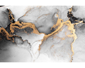 Fototapete aus Marmor in Grau- und Goldtönen, kombiniert mit abstrakten Formen und weißen Details für einen frischen Look.