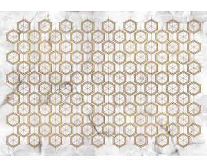 Diese Fototapete kombiniert Grün und Gold in einem schönen Marmormuster mit luxuriösen Details, geeignet für eine stilvolle Umgebung.