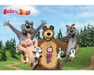 Fototapete mit Mascha und dem Bären in verschiedenen lustigen Szenen.