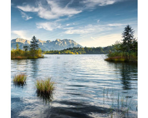 Barmsee Fototapete mit einer schönen Aussicht auf die Alpen und einen See.