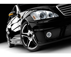 Fototapete eines schwarzen Mercedes-Benz, Oldtimer auf einer modernen Tapete.