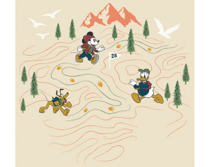 Mickey Meets Mountain Fototapete mit Mickey, Pluto und Donald Duck auf einer Bergwanderung durch eine verschneite Landschaft.