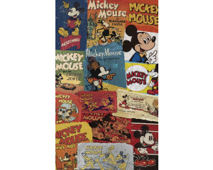 Fototapete mit Mickey Mouse auf einer Plakatwand, im Retro-Stil mit kräftigen Farben und klassischen Disney-Bildern.
