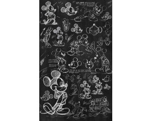 Mickey Mouse Chalkboard Fototapete zeigt eine schwarz-weiße Kreidezeichnung von Mickey Mouse, mit verspielten und kreativen Details.