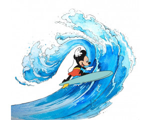 Mickey Mouse Surfing Fototapete mit Mickey Mouse beim Surfen auf einer riesigen Welle, umgeben von Sonne, Meer und Spaß.