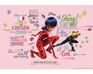 Fototapete mit den Figuren Lady Bug, Cat Noir, Marinette und Adrien aus der beliebten Serie "Miraculous", farbenfroh und verspielt gestaltet.