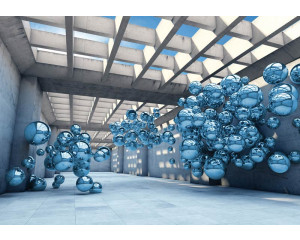 Blaue Metallkugeln, abstrakt dargestellt in einem modernen Raum auf einer stilvollen Fototapete.