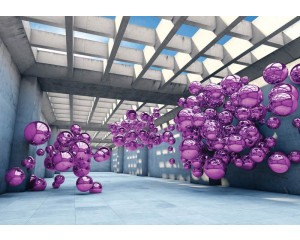 Fototapete eines modernen Zimmers mit lila Metallkugeln, in einem abstrakten und futuristischen Design.