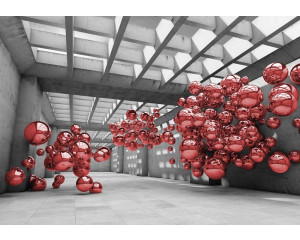 Rote Metallkugeln in einem modernen Raum, Fototapete mit einem abstrakten und futuristischen Look.