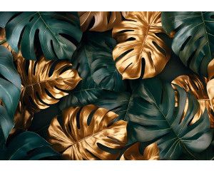 Fototapete mit Monstera Blättern in Dunkelgrün und goldfarbenen Akzenten mit luxuriöser botanischer Ausstrahlung.