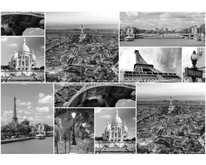Fototapete mit einer Monument-Collage aus Paris mit dem Eiffelturm im Vliestapeten-Stil.