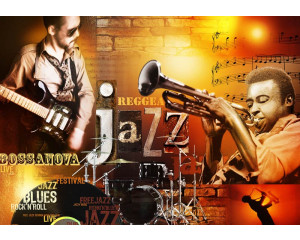 Eine Fototapete mit Musikinstrumenten im Retro-Jazz-Stil mit abstrakten Akzenten.