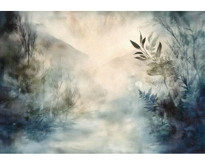 Fotobehang met een mystiek landschap gehuld in mist, met zachte silhouetten van bomen en heuvels.