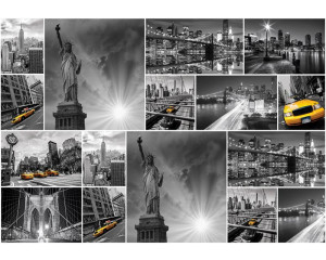 Fototapete mit einer New Yorker Collage, die die Freiheitsstatue und ein gelbes Taxi zeigt.