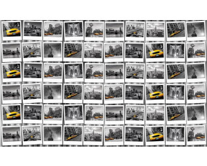 Fototapete mit einer Fotocollage aus New York, mit Bildern von der Freiheitsstatue und einem gelben Taxi.