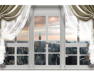 3D-Fototapete mit einem Blick auf die Stadt New York durch ein Fenster, mit Wolkenkratzern.