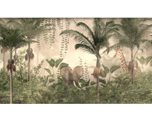 Elefanten und Giraffen, die durch den Dschungel spazieren, abgebildet auf einem farbenfrohen Natur-Fotohintergrund.