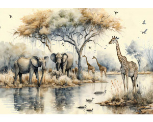 Fototapete mit Elefanten und Giraffen in der afrikanischen Savanne, perfekt für ein verspieltes und abenteuerliches Kinderzimmer.