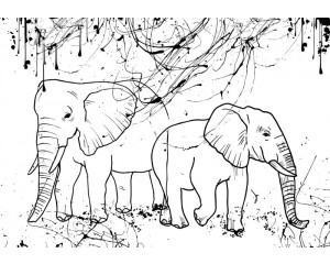 Elefanten im Farbteller-Stil auf einer Fototapete mit skizzenhaften Linien, die speziell für Kinder entworfen wurde.