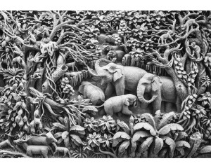 Detaillierte Fototapete von Elefanten im Dschungel, mit dem Schwerpunkt auf natürlicher Harmonie.