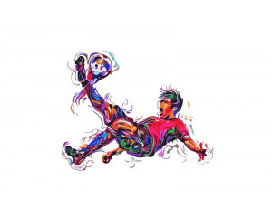 Fototapete eines Fußballspielers, der den Ball in vollem Lauf in Richtung Tor dreht, aufgenommen auf dem Höhepunkt der Bewegung.