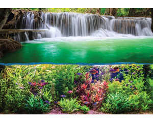Unterwasserwelt-Fototapete mit einem Wasserfall und bunten Fischen, die eine heitere Atmosphäre hervorrufen.