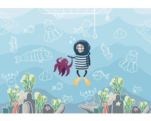 Fototapete mit einem Taucher im Meer, tiefer Unterwasserwelt Thema.