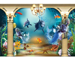 Meerjungfrau, Delfine und Fische in einer farbenfrohen Unterwasserwelt, die speziell für Kinderzimmer in dieser Fototapete entworfen wurde.