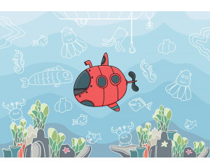 Fototapete mit einem U-Boot und Fischen in der Unterwasserwelt, speziell für Kinderzimmer.