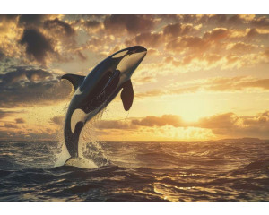 Ein Orca, der bei Sonnenuntergang aus dem Meer springt, auf Fototapete.