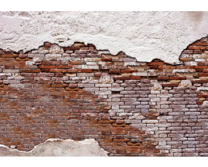 Die Fototapete zeigt eine alte Ziegelwand mit Zement darüber und darunter.