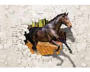 Fototapete mit einer 3D-Illusion eines Pferdes, das durch eine kaputte Wand springt, speziell für Kinderzimmer.