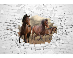 Pferde brechen durch eine Backsteinmauer, im 3D-Stil auf Fototapete.
