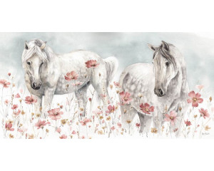Pferde und Blumen, gemalt in einem eleganten Stil, dargestellt auf einer Kunst-Fototapete.