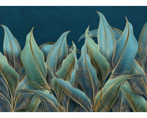 Eine Fototapete mit Palmenblättern und Goldakzenten, bei der üppige tropische Blätter und subtile Goldtöne einen luxuriösen und exotischen Look erzeugen.