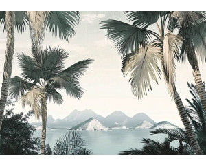 Fotobehang met hoge palmbomen langs een tropische kustlijn met helderblauw water en een zonnige lucht.