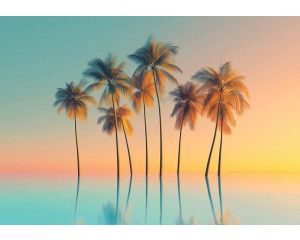 Fototapete mit Palmen auf spiegelndem Wasser in Pastellfarben und tropischer Atmosphäre.