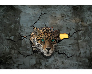 Leopard hinter einer Betonwand, 3D-Effekt für ein auffälliges und tiefgründiges visuelles Element.
