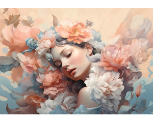 Pastellfarbene Blumenpracht mit einer eleganten Frau, ansprechend dargestellt auf einer künstlerischen Fototapete.