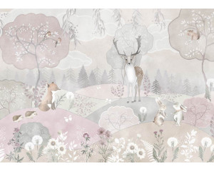 Fototapete mit einer bezaubernden Welt aus pastellfarbenen Waldtieren, perfekt für einen weichen und fantasievollen Look.