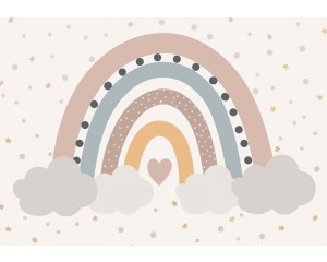 Fototapete mit einem pastellfarbenen Regenbogen auf hellem Hintergrund. Ein verträumtes und farbenfrohes Design.